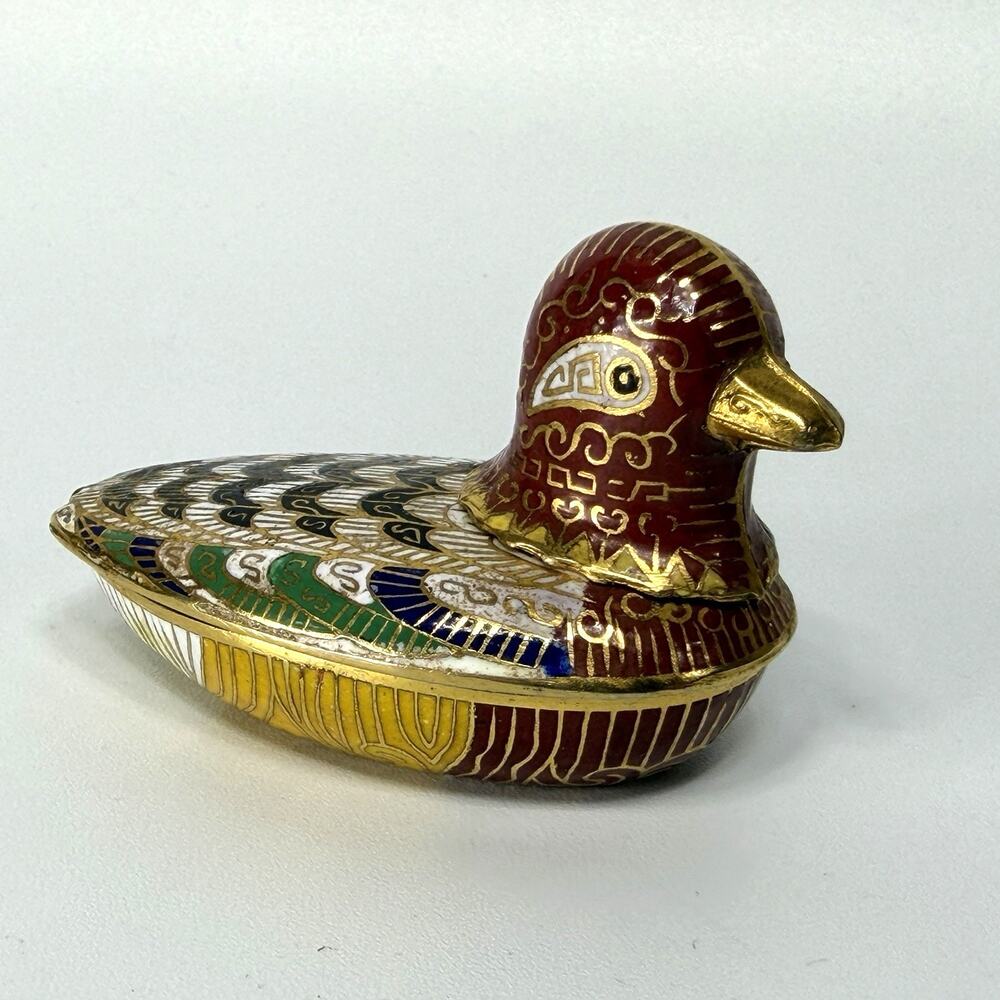 Vintage Chinese Cloisonne Duck Lidded Trinket Box 67g 2.75" Brown Gold
